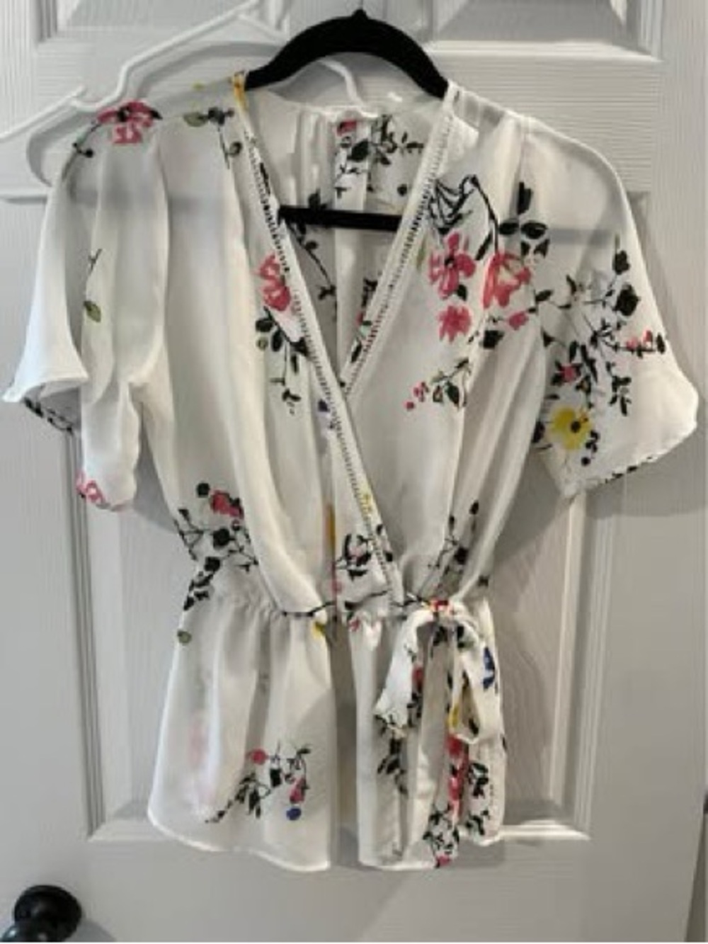 Women’s Floral Wrap Blouse - White with Pink & Yellow Flowers